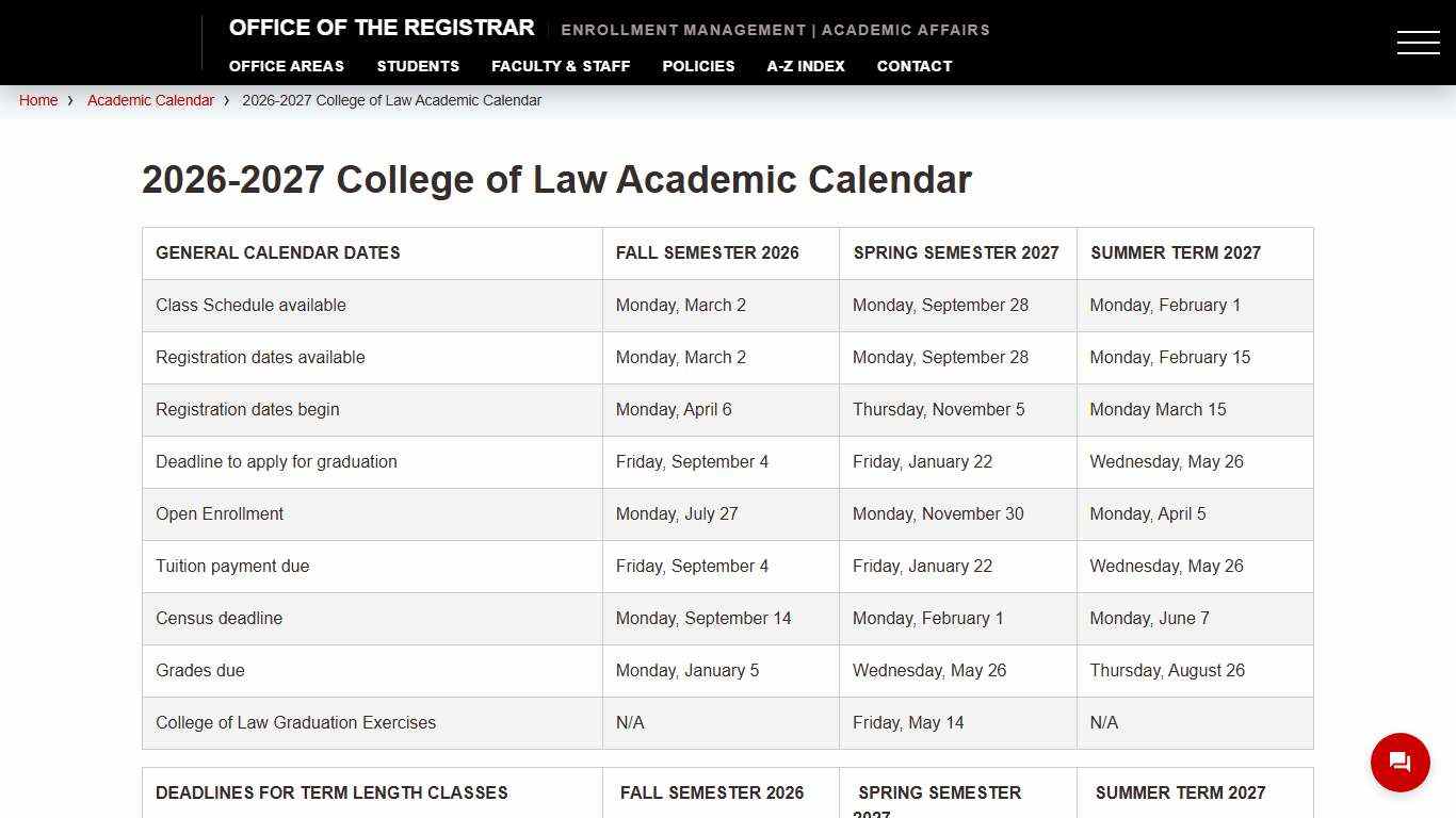 2026-2027 College of Law Academic Calendar - Office of the Registrar - The University of Utah